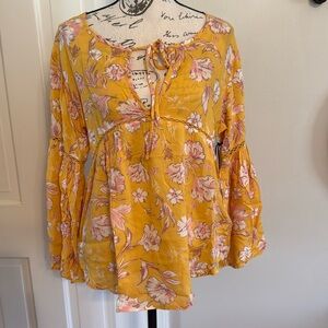 Amuse Society Nicely Put Vibrant Yellow Floral Top with Tie Neck